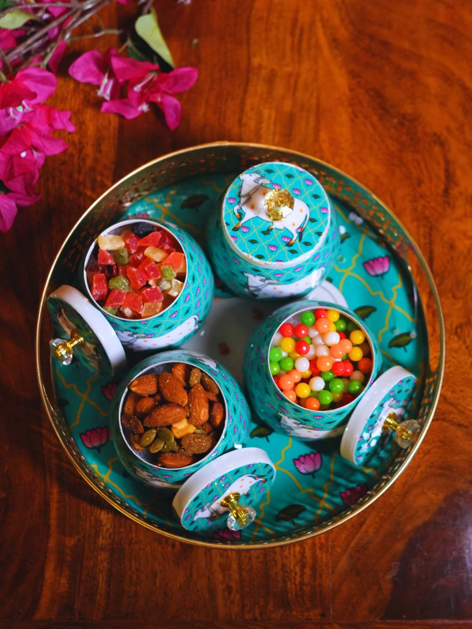 Metal Pichwai Tray with Decorative Pichwai Jar - Image 9