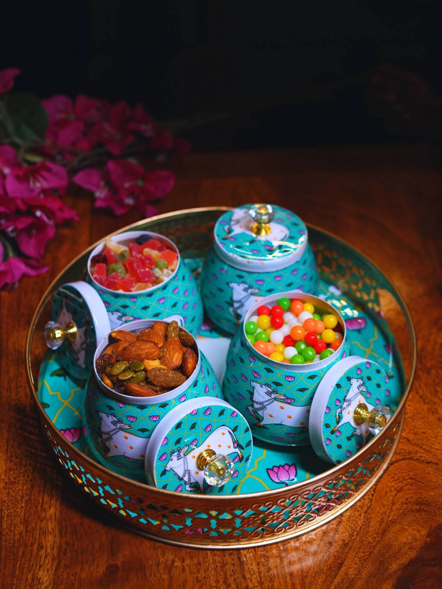 Metal Pichwai Tray with Decorative Pichwai Jar