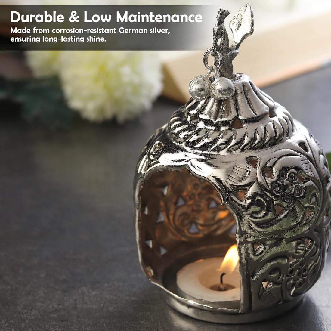 German Silver Peacock Tea Light Candle Holder Stand Pair – Decorative T-Light Holders for Diwali, Home Décor & Festive Gifting | Traditional Peacock Design | 3 × 3 × 55 cm - Image 4