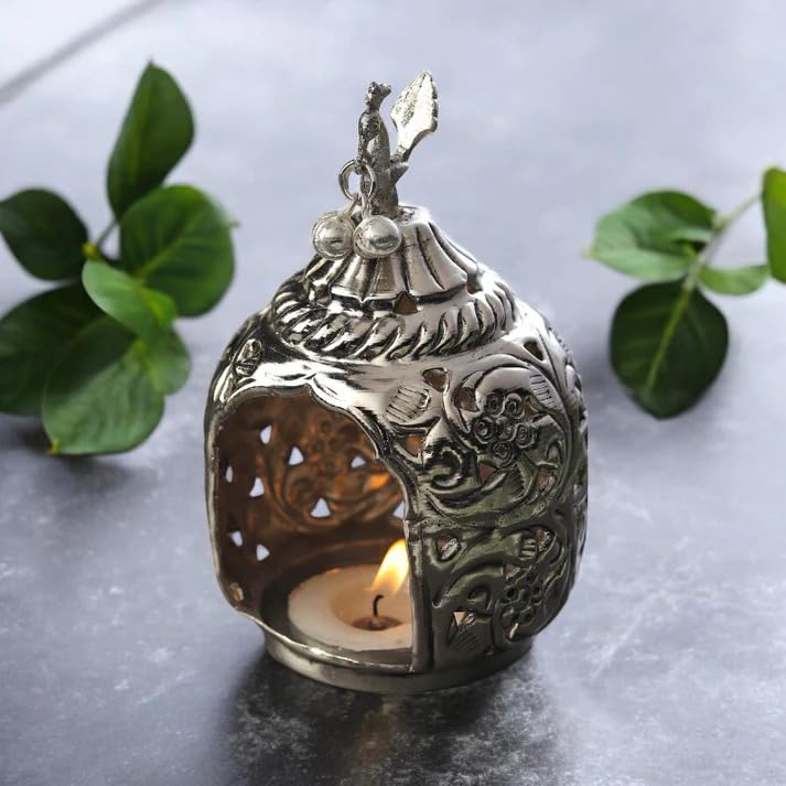 German Silver Peacock Tea Light Candle Holder Stand Pair – Decorative T-Light Holders for Diwali, Home Décor & Festive Gifting | Traditional Peacock Design | 3 × 3 × 55 cm - Image 2