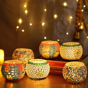 Handcrafted Mosaic Glass Tealight Candle Holders – Set of 2 Decorative Votive Cups, Multicolor Art Glass for Home Décor, Festivals, Diwali, Parties & Gifting