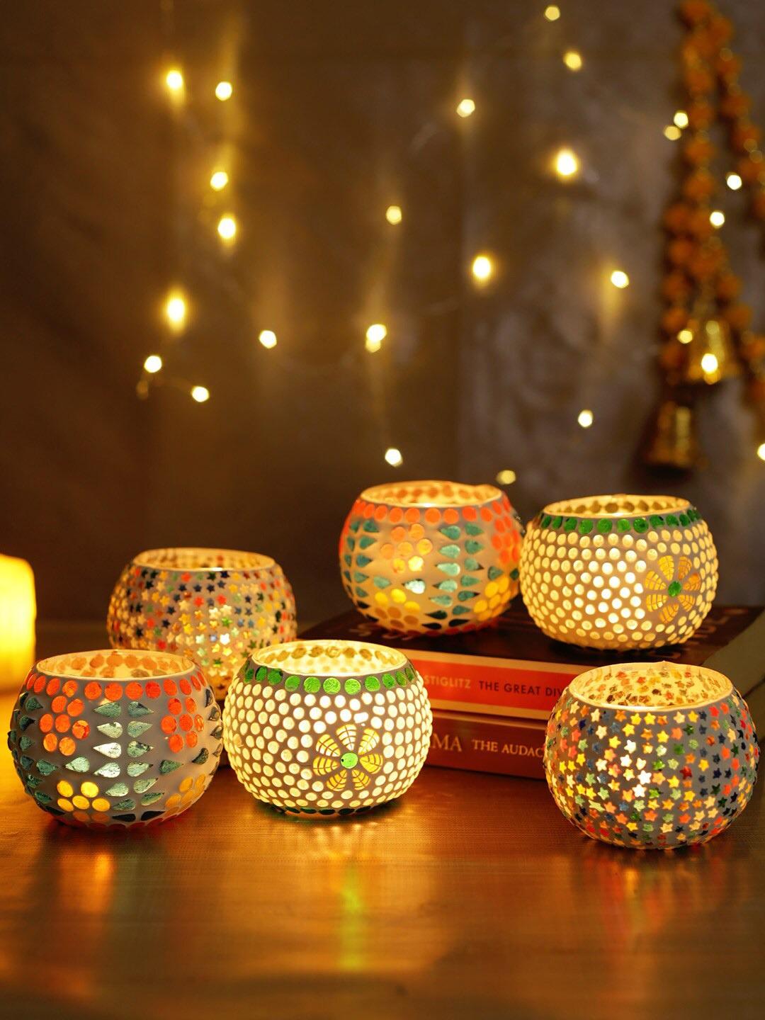 Handcrafted Mosaic Glass Tealight Candle Holders – Set of 2 Decorative Votive Cups, Multicolor Art Glass for Home Décor, Festivals, Diwali, Parties & Gifting