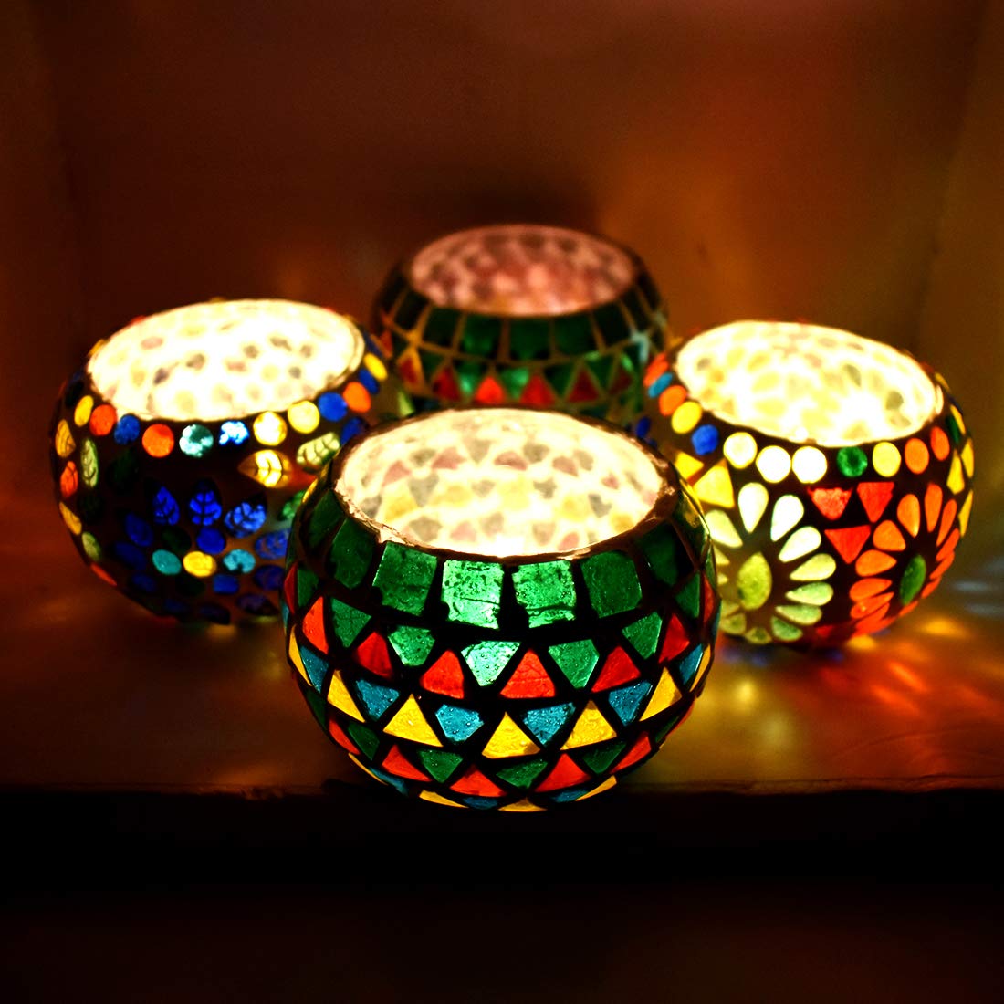 Handcrafted Mosaic Glass Tealight Candle Holders – Set of 2 Decorative Votive Cups, Multicolor Art Glass for Home Décor, Festivals, Diwali, Parties & Gifting - Image 2