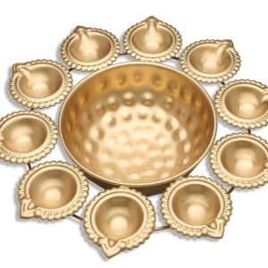 Traditional Brass Diya Set with Center Bowl – 11-Piece Decorative Oil Lamp Holder for Puja, Diwali, Festivals & Home Temple Décor (Golden)