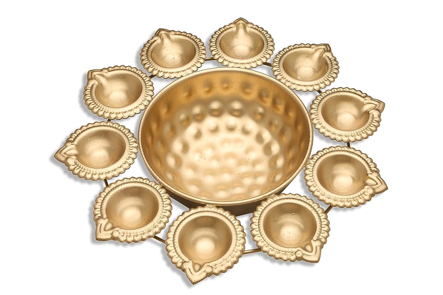 Traditional Brass Diya Set with Center Bowl – 11-Piece Decorative Oil Lamp Holder for Puja, Diwali, Festivals & Home Temple Décor (Golden)