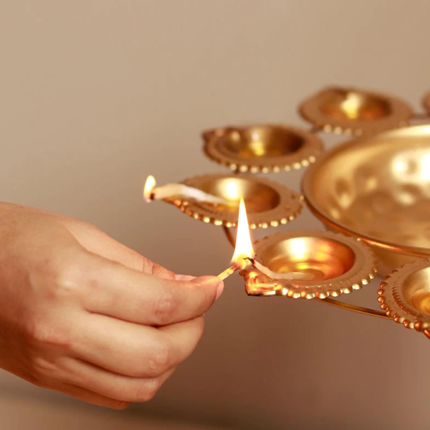 Traditional Brass Diya Set with Center Bowl – 11-Piece Decorative Oil Lamp Holder for Puja, Diwali, Festivals & Home Temple Décor (Golden) - Image 3