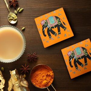 Hand-Painted Elephant Coaster Set – Vibrant Orange Wooden Drink Coasters, Traditional Indian Folk Art Design, Heat & Moisture Resistant, Perfect for Tea, Coffee