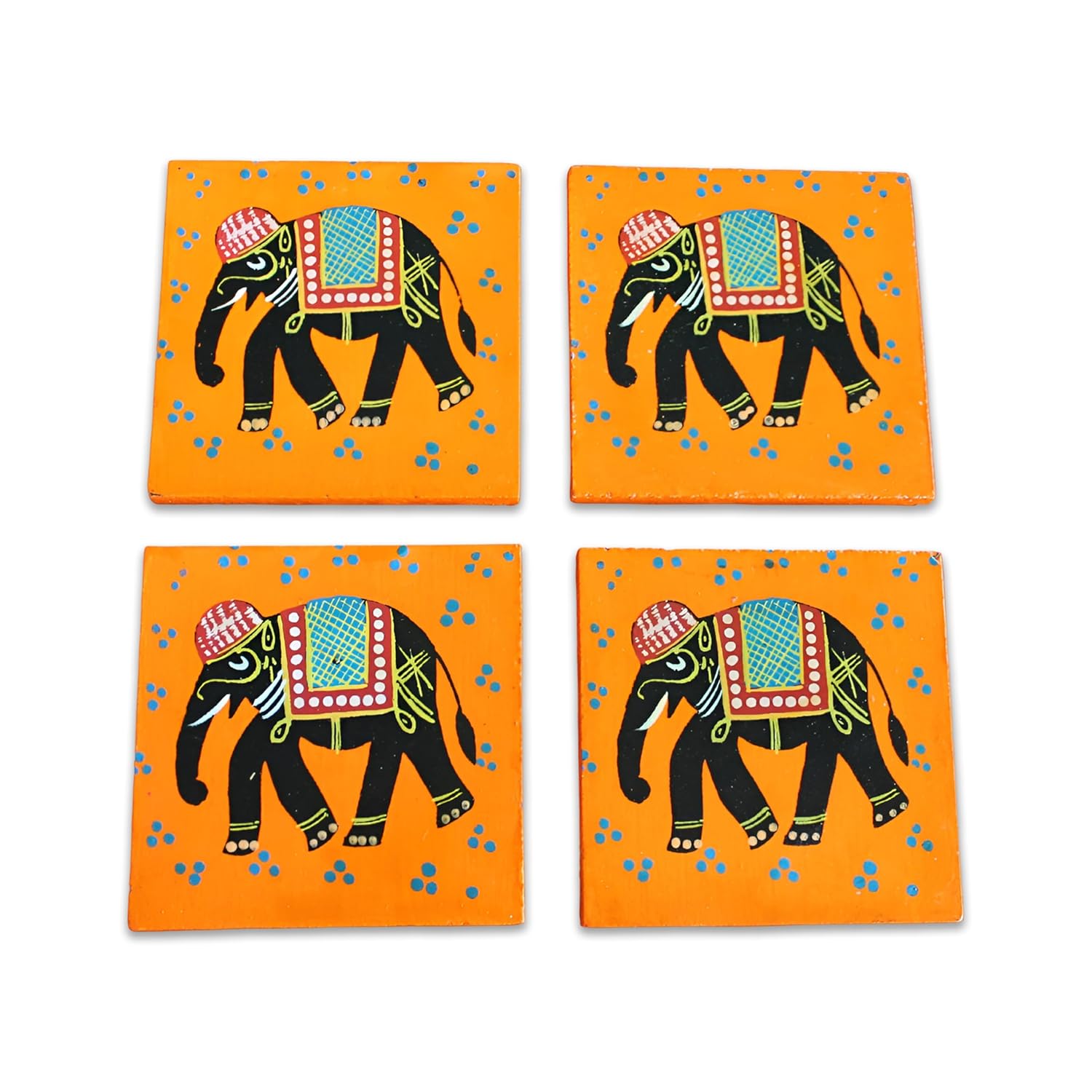 Hand-Painted Elephant Coaster Set – Vibrant Orange Wooden Drink Coasters, Traditional Indian Folk Art Design, Heat & Moisture Resistant, Perfect for Tea, Coffee - Image 3