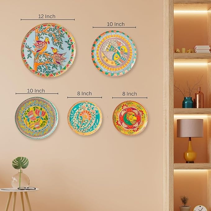 Hand-Painted Decorative Wall Plate Set – Set of 5 MDF Wall Plates (12, 10, 10, 8, 8 Inch) with Traditional Indian Folk Art Designs for Home, Living Room & Office Wall Décor