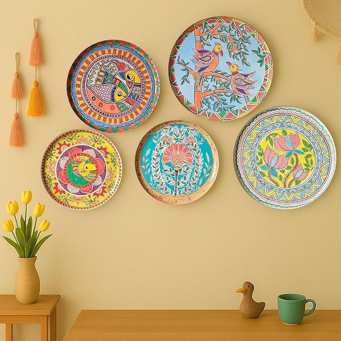 Hand-Painted Decorative Wall Plate Set – Set of 5 MDF Wall Plates (12, 10, 10, 8, 8 Inch) with Traditional Indian Folk Art Designs for Home, Living Room & Office Wall Décor - Image 3