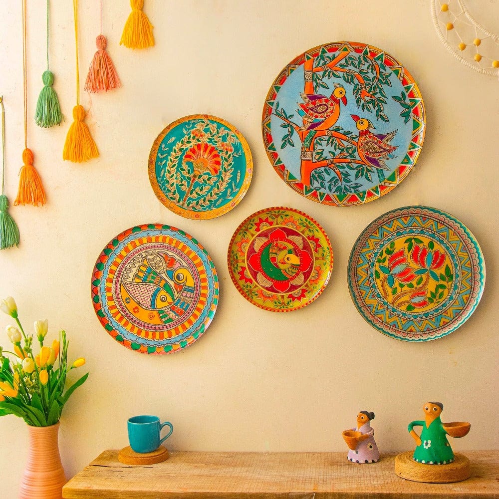 Hand-Painted Decorative Wall Plate Set – Set of 5 MDF Wall Plates (12, 10, 10, 8, 8 Inch) with Traditional Indian Folk Art Designs for Home, Living Room & Office Wall Décor - Image 4