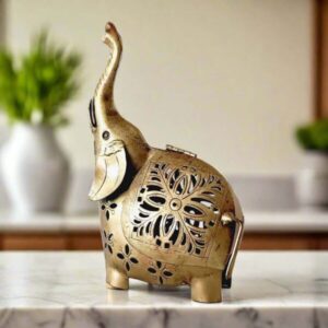 Antique Golden Metal Elephant Tealight Holder – Decorative Handcrafted Elephant Lantern for Home Décor, Festivals, Diwali & Gifting