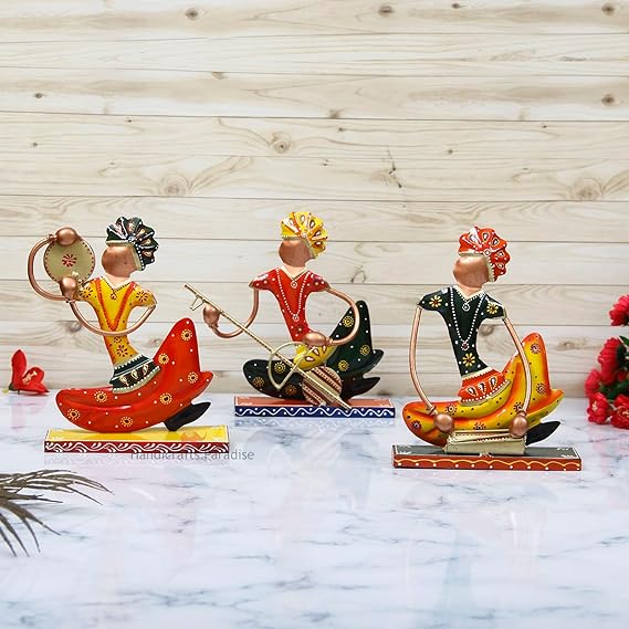 Handcrafted Indian Folk Musicians Figurines – Set of 3 Colorful Decorative Sculptures - Image 2