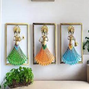 Handcrafted Indian Folk Dance Wall Art – Set of 3 Colorful Metal Sculptures for Home Decor