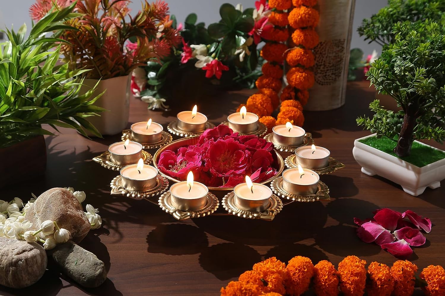 Iron Urli Bowl for Home Decor with Decorative Diyas – Flower Shape Metal Urli for Diwali Decoration, Floating Flowers & Candles | Traditional Festive Decor for Home, Living Room & Pooja - Image 2