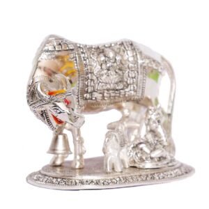 German Silver Kamdhenu Puja Idol – Gau Mata with Lakshmi & Ganesh | Sacred Kamadhenu Cow Statue for Pooja, Home Temple & Return Gifts (14 cm)
