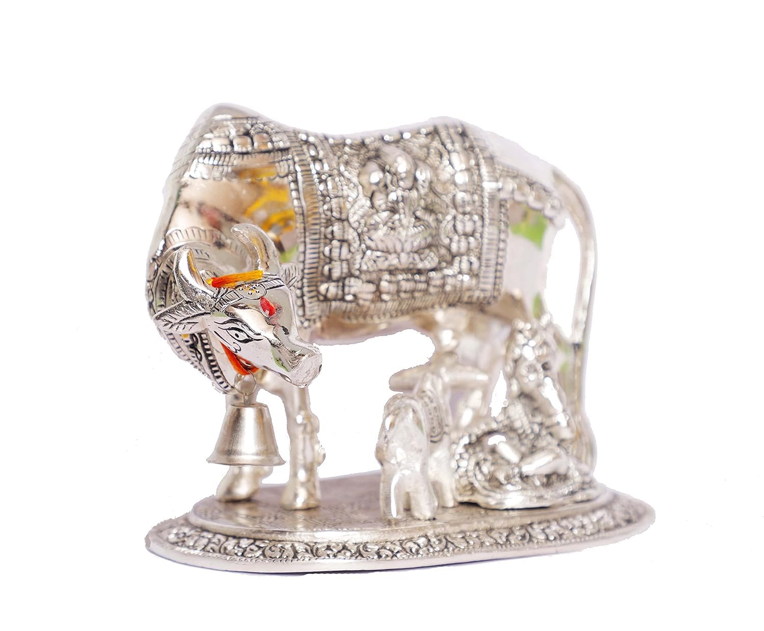 German Silver Kamdhenu Puja Idol – Gau Mata with Lakshmi & Ganesh | Sacred Kamadhenu Cow Statue for Pooja, Home Temple & Return Gifts (14 cm)