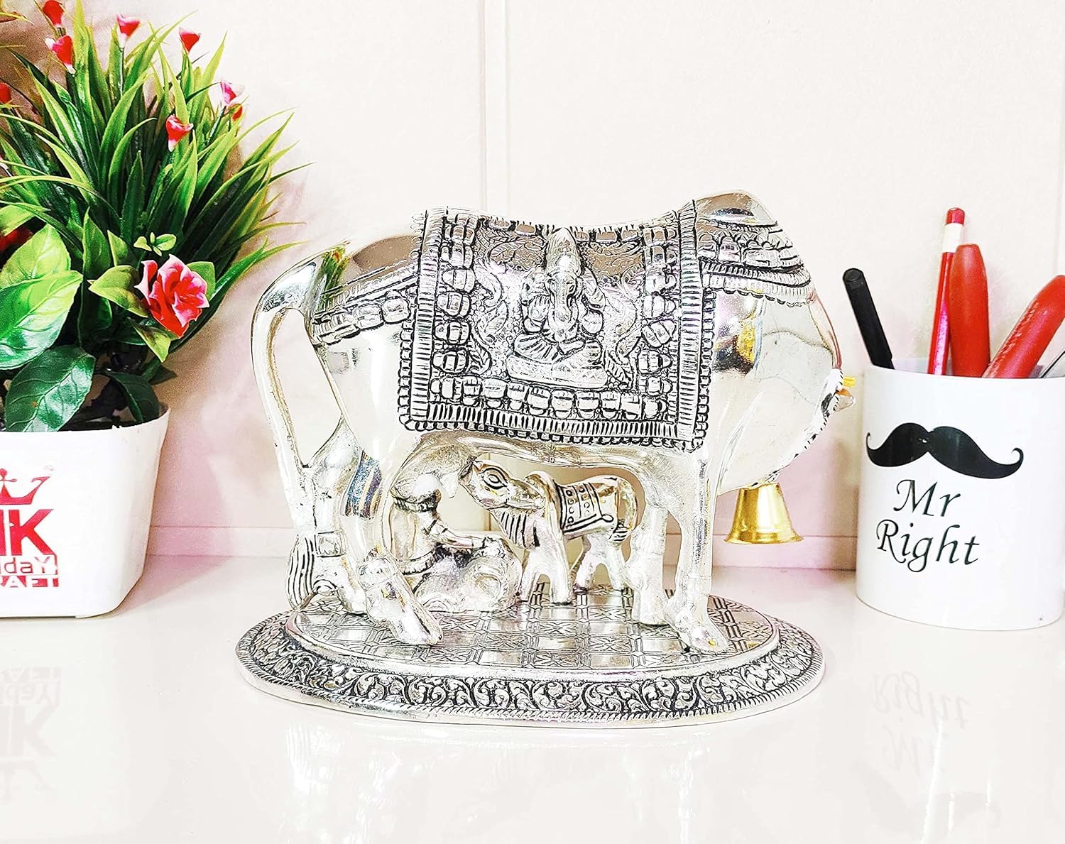 German Silver Kamdhenu Puja Idol – Gau Mata with Lakshmi & Ganesh | Sacred Kamadhenu Cow Statue for Pooja, Home Temple & Return Gifts (14 cm) - Image 3