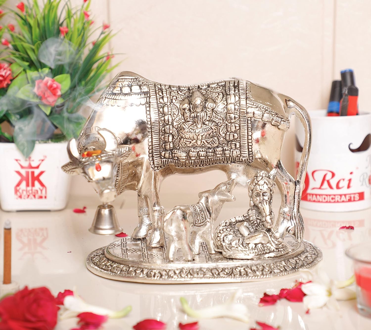 German Silver Kamdhenu Puja Idol – Gau Mata with Lakshmi & Ganesh | Sacred Kamadhenu Cow Statue for Pooja, Home Temple & Return Gifts (14 cm) - Image 2
