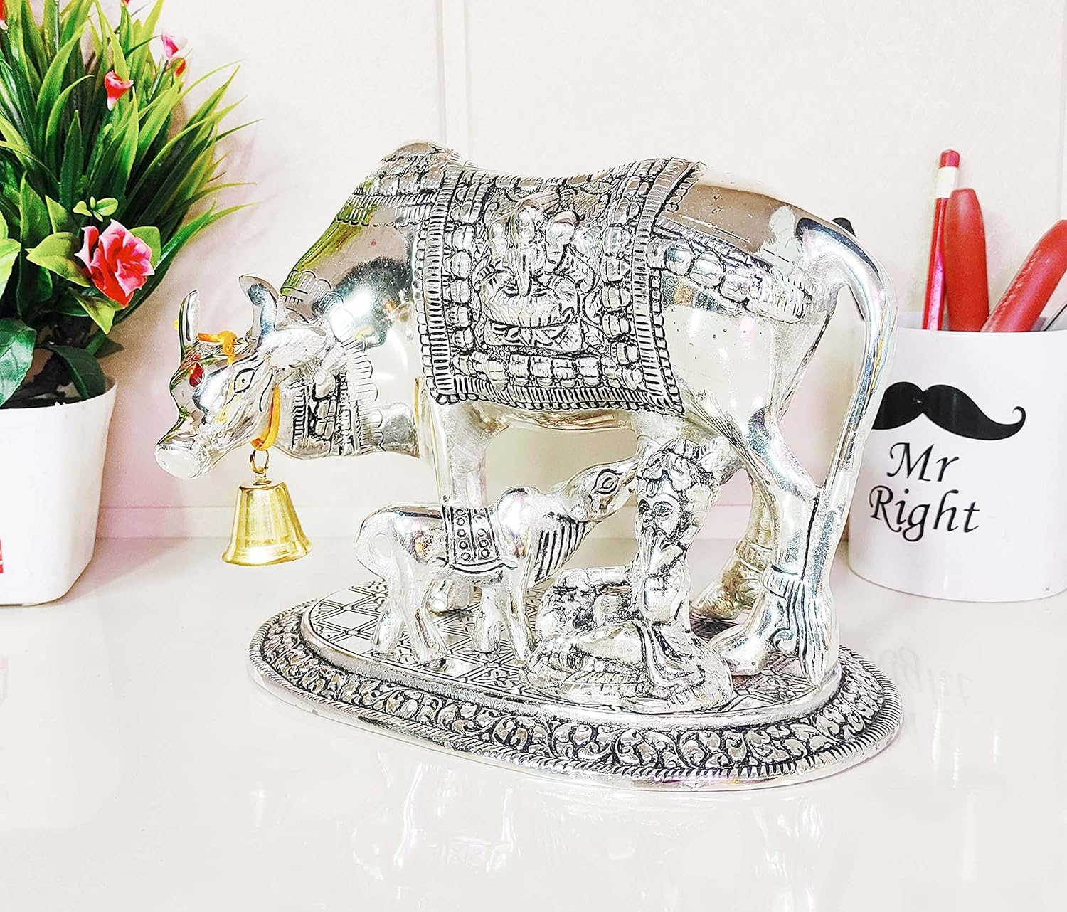 German Silver Kamdhenu Puja Idol – Gau Mata with Lakshmi & Ganesh | Sacred Kamadhenu Cow Statue for Pooja, Home Temple & Return Gifts (14 cm) - Image 4