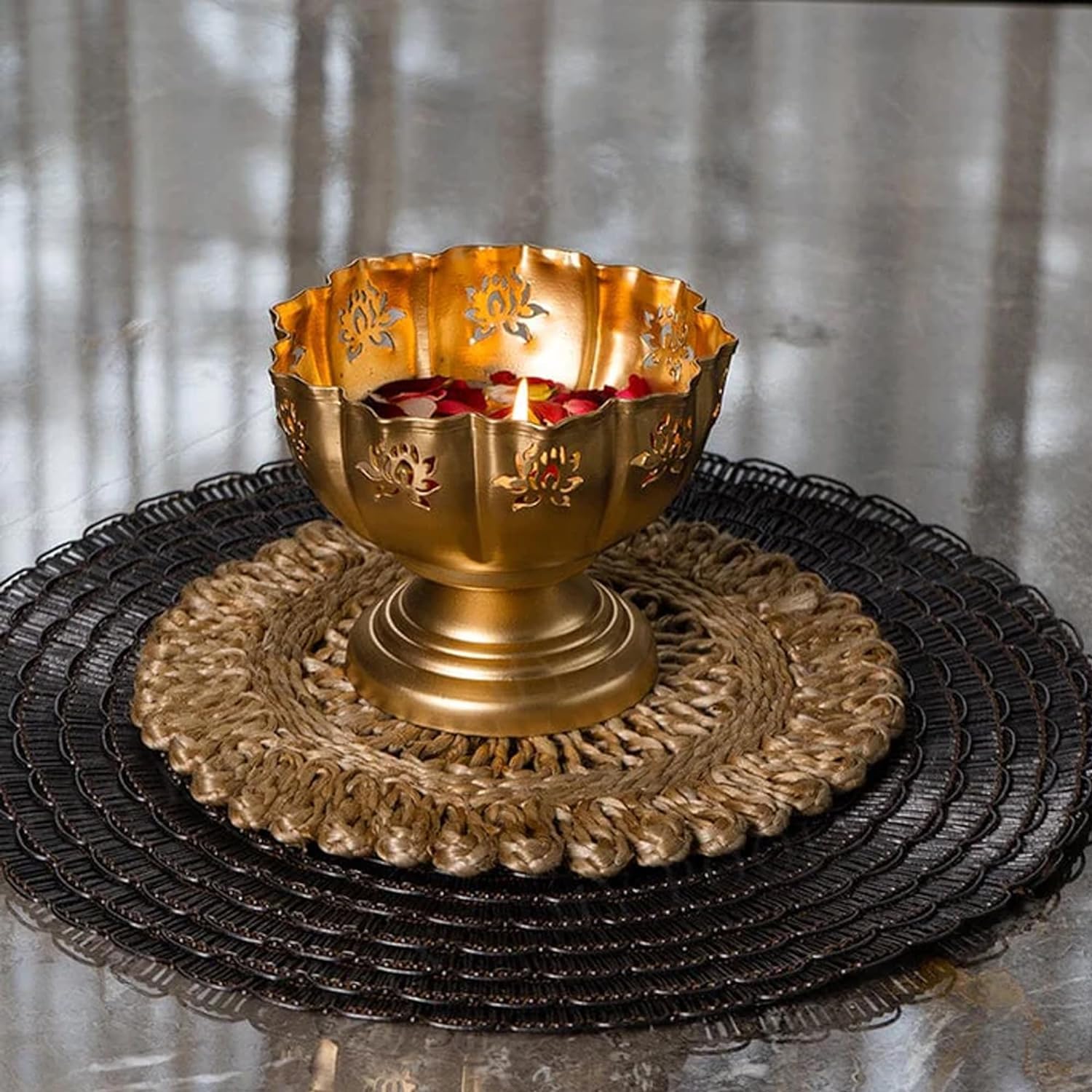 Universal Decor Taj Bowl Hammered Urli Candle Stand with Floating Diyas – Decorative Home & Festival Urli for Diwali, Navratri, Ganesh Chaturthi, Floating Flowers & Diyas (15 × 15 × 15 cm) - Image 2
