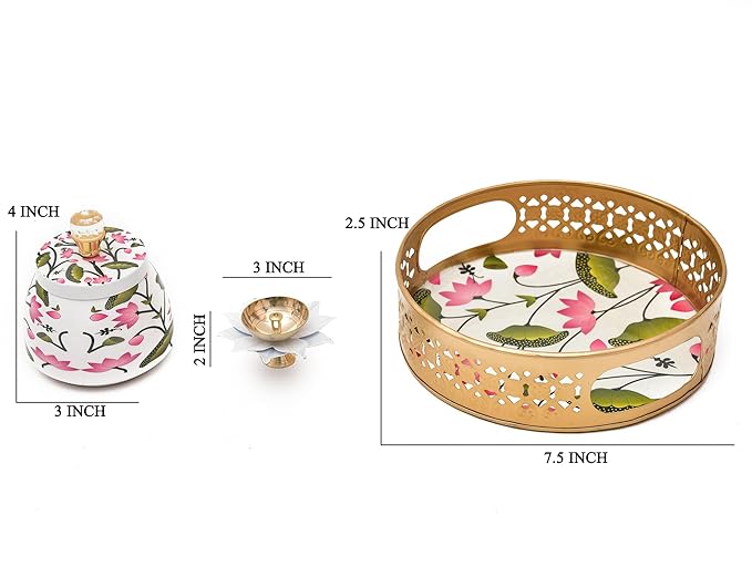 Metal Pichwai Decorative Tray Set with Round Jar & Diya – Hand-Painted Silver 8-Inch Festive Tray for Diwali, Pooja & Home Décor - Image 4