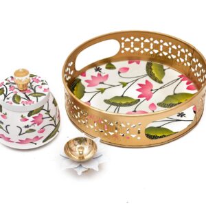 Metal Pichwai Decorative Tray Set with Round Jar & Diya – Hand-Painted Silver 8-Inch Festive Tray for Diwali, Pooja & Home Décor