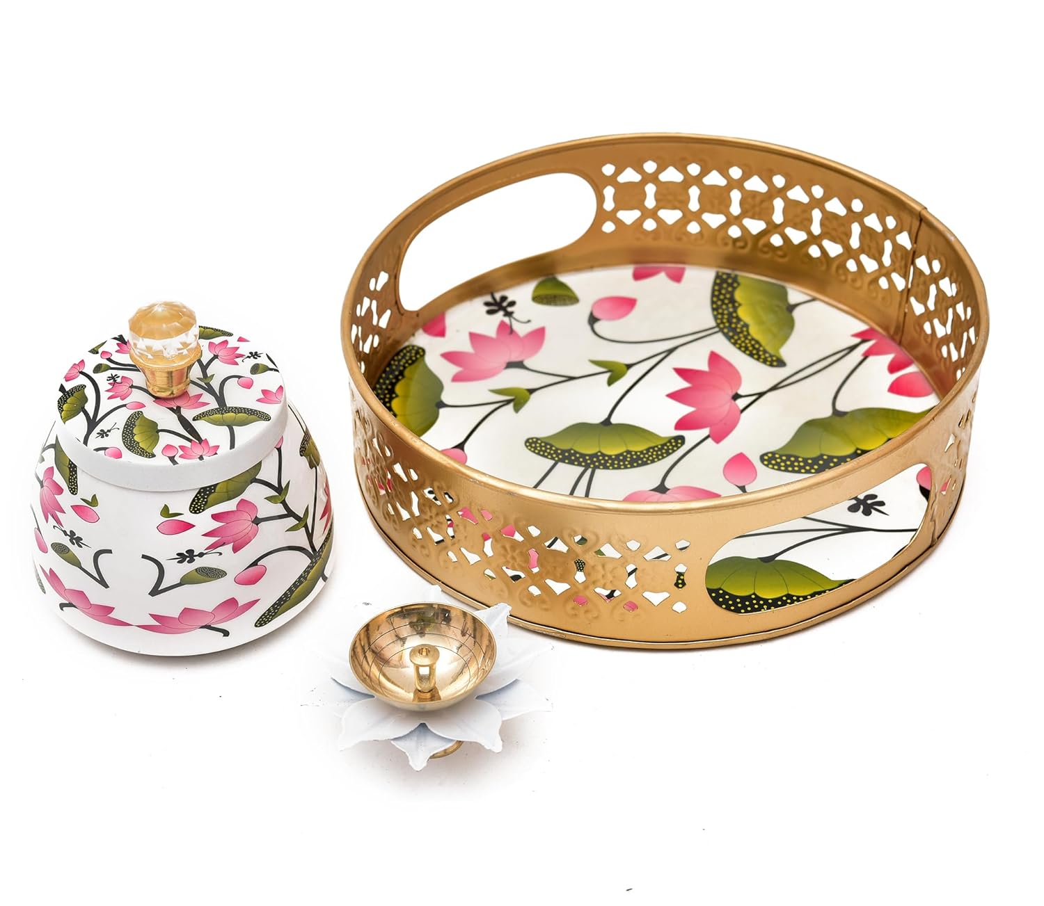 Metal Pichwai Decorative Tray Set with Round Jar & Diya – Hand-Painted Silver 8-Inch Festive Tray for Diwali, Pooja & Home Décor