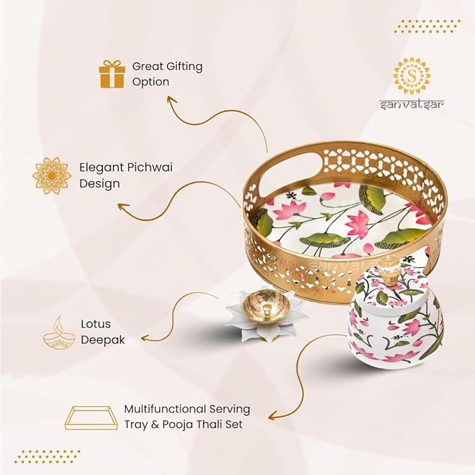 Metal Pichwai Decorative Tray Set with Round Jar & Diya – Hand-Painted Silver 8-Inch Festive Tray for Diwali, Pooja & Home Décor - Image 2