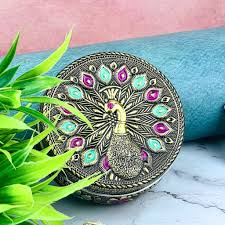 Oxidised Peacock Embossed Steel Meenakari Box – Handcrafted Jewelry & Utility Gift Box with Secure Lock | Return Gift, Pooja, Wedding & Home Décor Storage Box (10×10×5 cm)