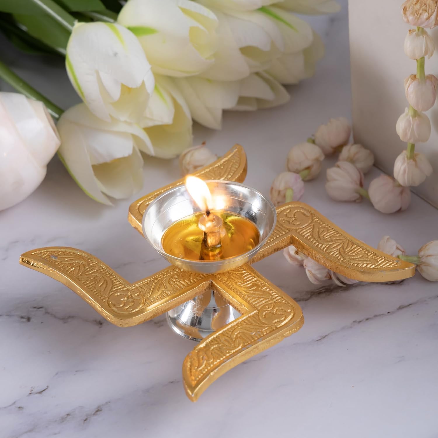 Brass Swastik Diya for Pooja – Traditional Akhand Diya for Diwali, Mandir, Home Temple & Daily Rituals | Durable Brass Oil Lamp for Pooja Decoration - Image 3
