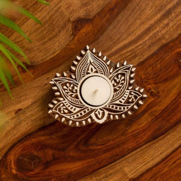 Decorative Block T-Light Candle Holder Set – Handcrafted Hamsa Design Tea Light Holder for Home & Festive Décor (10 × 2.5 × 2.5 cm)