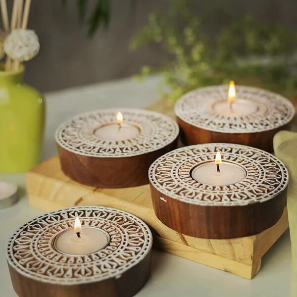 Decorative Block T-Light Candle Holder Set – Handcrafted Hamsa Design Tea Light Holder for Home & Festive Décor (10 × 2.5 × 2.5 cm) - Image 3