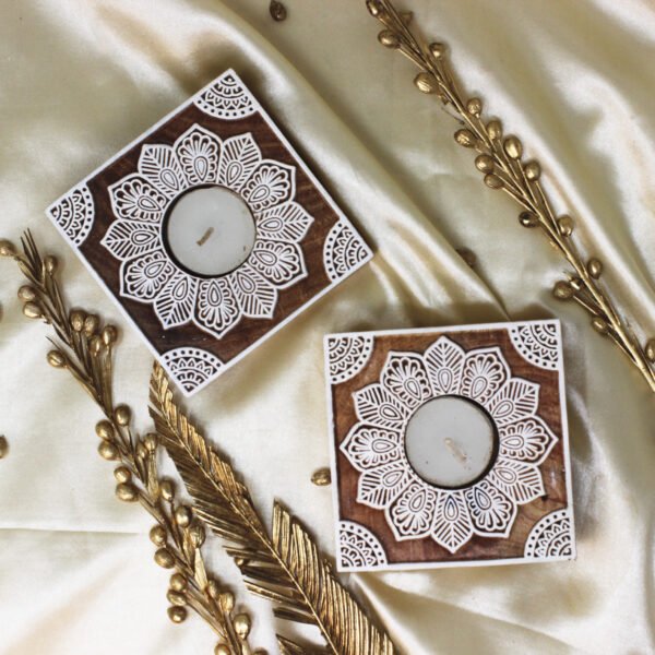 Decorative Block T-Light Candle Holder Set – Handcrafted Hamsa Design Tea Light Holder for Home & Festive Décor (10 × 2.5 × 2.5 cm) - Image 2
