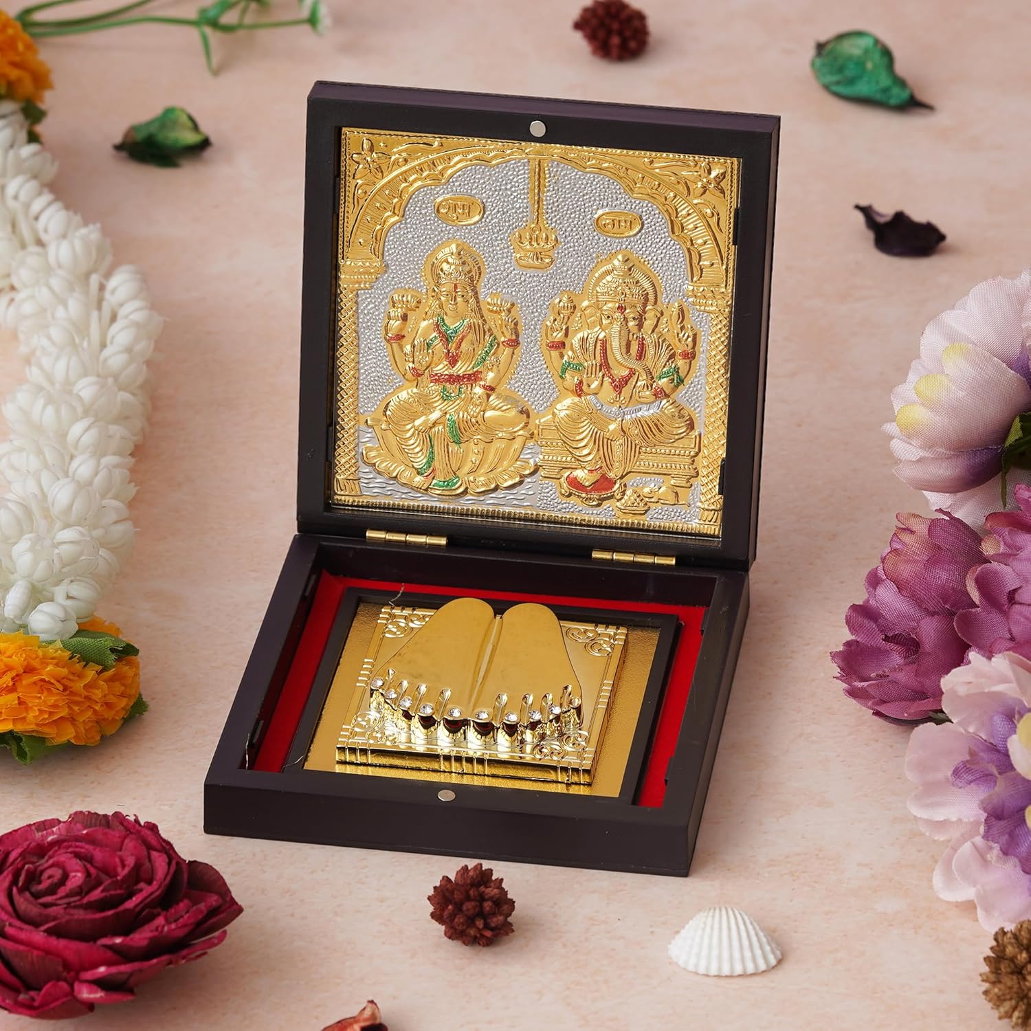 24K Gold-Plated Charan Paduka Box with Ganesh Laxmi Photo Frame – Pocket Temple / Religious Box for Home, Office, Car Dashboard & Return Gifts (11.5 × 11.5 × 3.5 cm) - Image 2