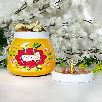 Handcrafted Pichwai Metal Jar with Handle – Vibrant Yellow, Red & Sea Green Decorative Container for Home & Kitchen | 4-Inch Artistic Storage Jar