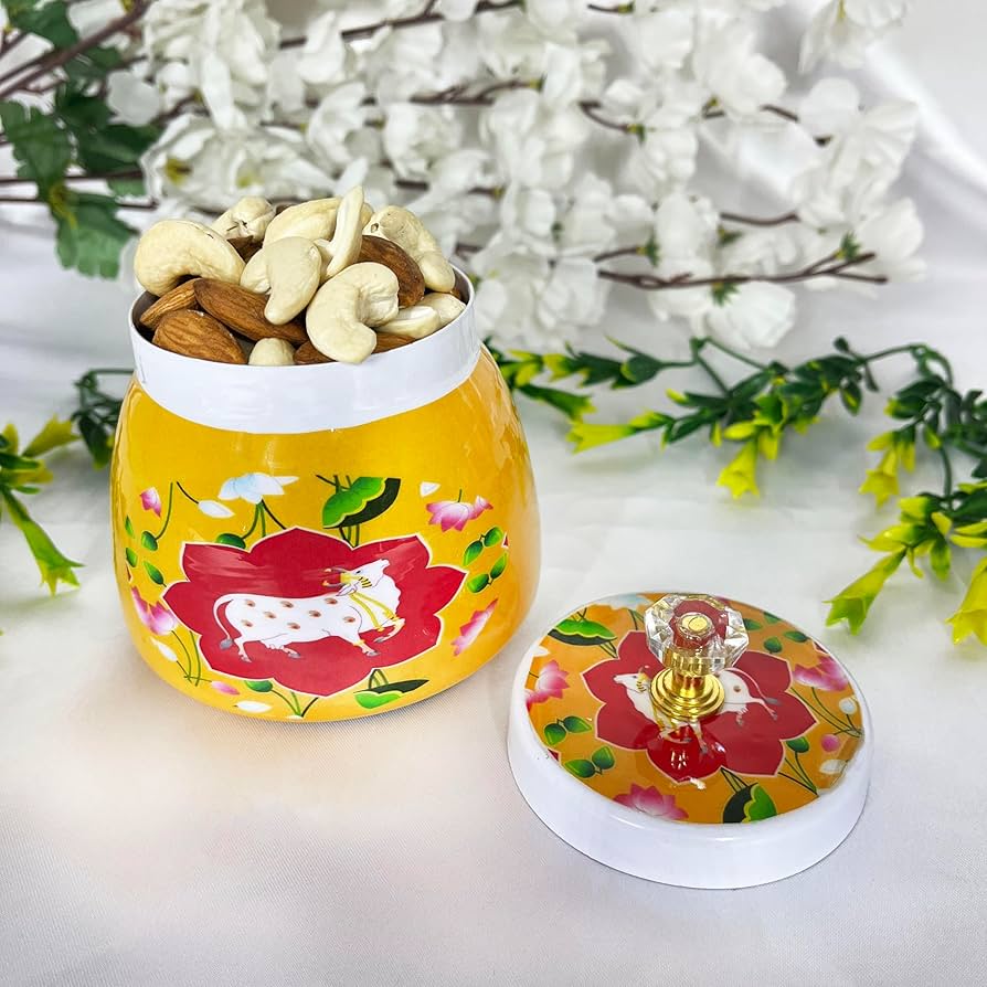 Handcrafted Pichwai Metal Jar with Handle – Vibrant Yellow, Red & Sea Green Decorative Container for Home & Kitchen | 4-Inch Artistic Storage Jar - Image 2