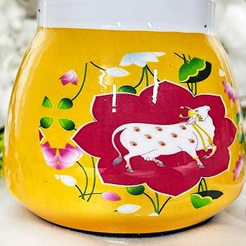 Handcrafted Pichwai Metal Jar with Handle – Vibrant Yellow, Red & Sea Green Decorative Container for Home & Kitchen | 4-Inch Artistic Storage Jar - Image 3