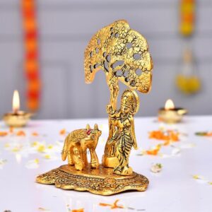 eCraftIndia Lord Krishna Playing Flute Under Tree Showpiece with Golden Cow & Calf – Intricately Carved Aluminium White Metal Statue for Home & Office Decor (10 × 0.5 × 7 Inch)