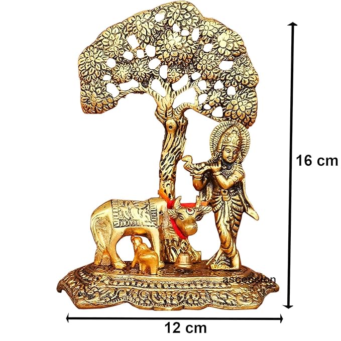 eCraftIndia Lord Krishna Playing Flute Under Tree Showpiece with Golden Cow & Calf – Intricately Carved Aluminium White Metal Statue for Home & Office Decor (10 × 0.5 × 7 Inch) - Image 2