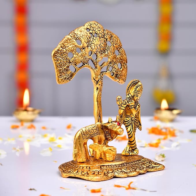 eCraftIndia Lord Krishna Playing Flute Under Tree Showpiece with Golden Cow & Calf – Intricately Carved Aluminium White Metal Statue for Home & Office Decor (10 × 0.5 × 7 Inch) - Image 3