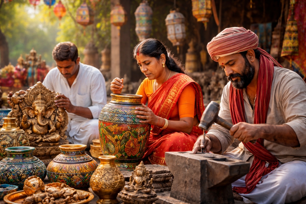 Indian artisans creating handmade crafts including metalwork, wood carving, and pottery showcasing traditional Indian handicrafts